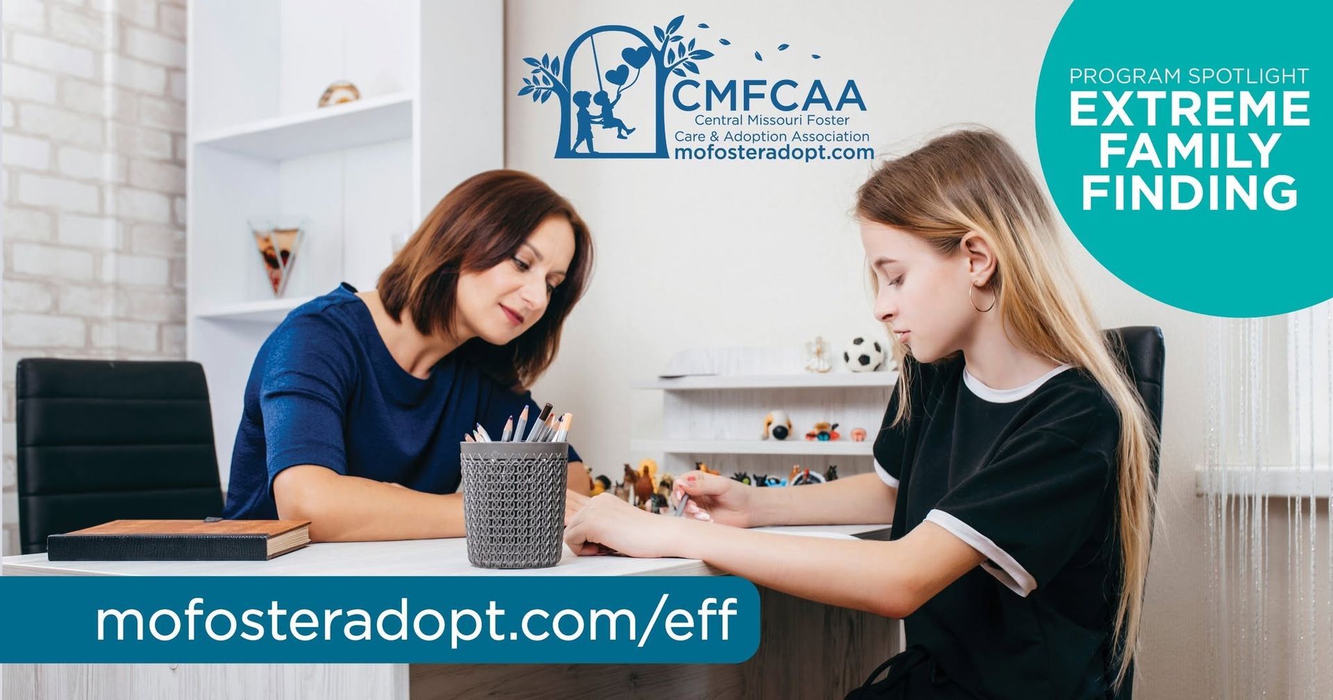 Program Spotlight: Extreme Family Finding. A CMFCAA staff member works with a young girl at a table.